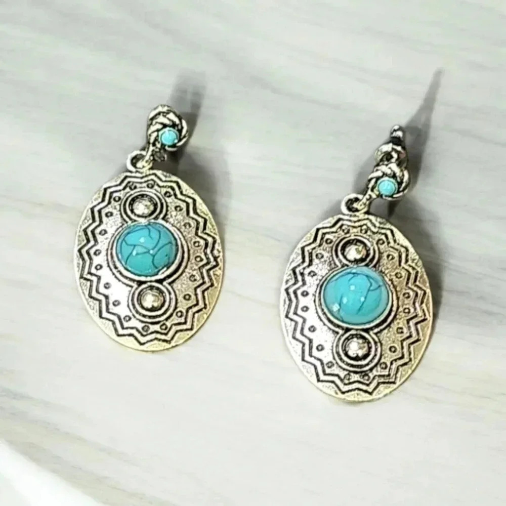 Silver Plated Turquoise Stone Bohemian Dangle Earrings 16$